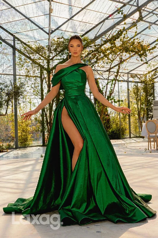 12735 - Green One Shoulder High Slit Prom Evening Dress Satin unclassified dresses