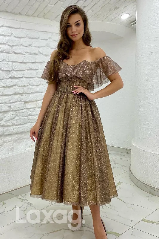 21883 - Off Shoulder Glitter A Line Tea Length Prom Evening Dress Best-selling unclassified dresses