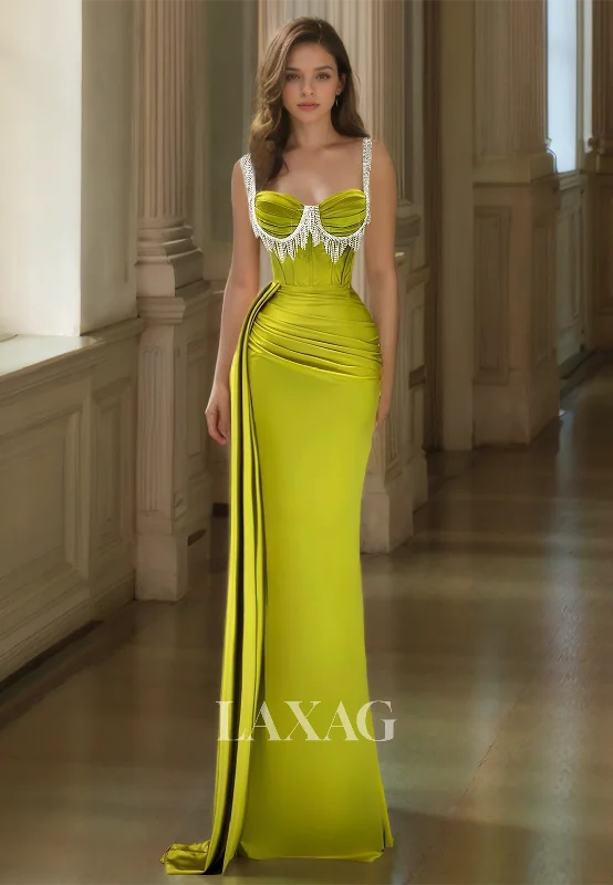 Sweetheart Spaghetti Straps Sleeveless Pleated Mermaid Formal Prom Dress with Beaded Fringe Corset unclassified dresses