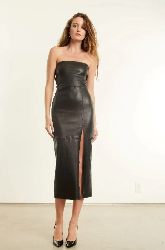 Black Leather Tube Dress w/ Slit Embroidered unclassified dresses