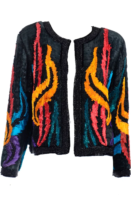 1980s Colorful Beaded Silk Jacket With Unique Pleated Ripple Details