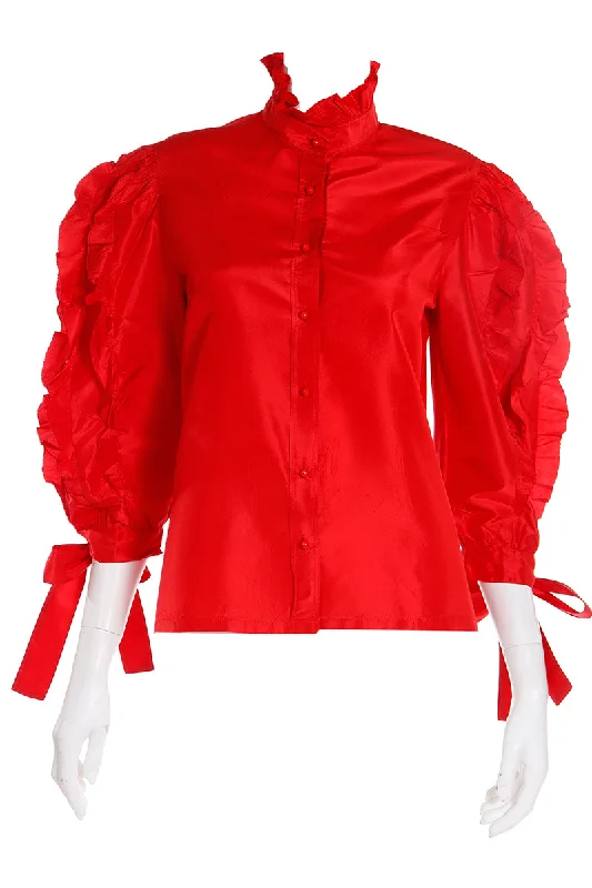 1980s Louis Feraud Paris Red Satin Ruffled Vintage Blouse