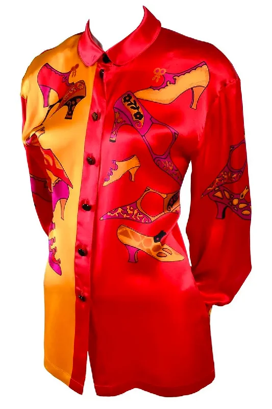 1980s Vintage Escada Margaretha Ley Silk Novelty Shoe Print Colorful Blouse