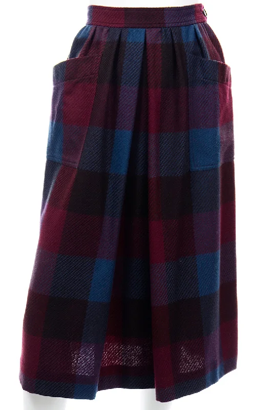 1980s Yves Saint Laurent Burgundy & Blue Plaid Wool Vintage Skirt