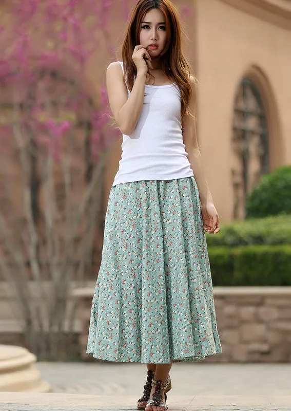 Green floral skirt woman summer skirt custom made print skirt long linen skirt 0948#