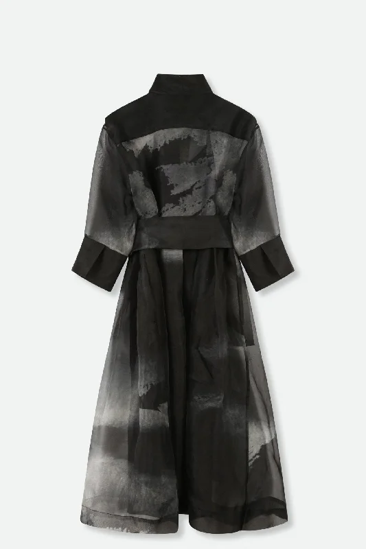 GABRIELLE PRINTED SILK ORGANZA DRESS IN GREY AND BLACK STORM