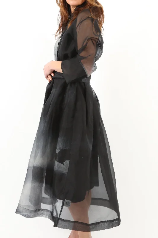 GABRIELLE PRINTED SILK ORGANZA DRESS IN GREY AND BLACK STORM