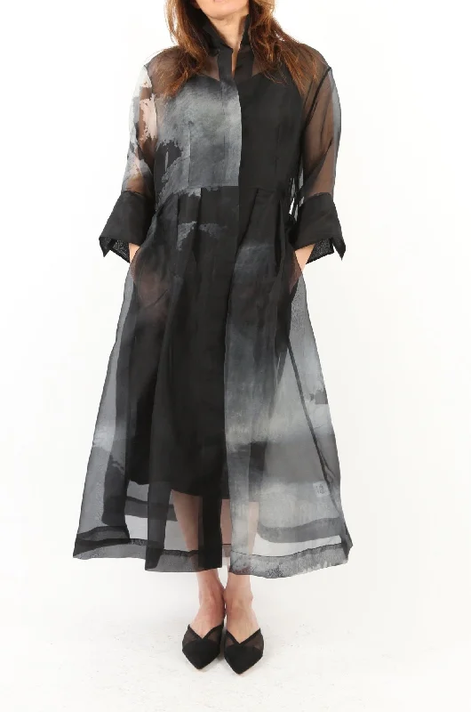 GABRIELLE PRINTED SILK ORGANZA DRESS IN GREY AND BLACK STORM