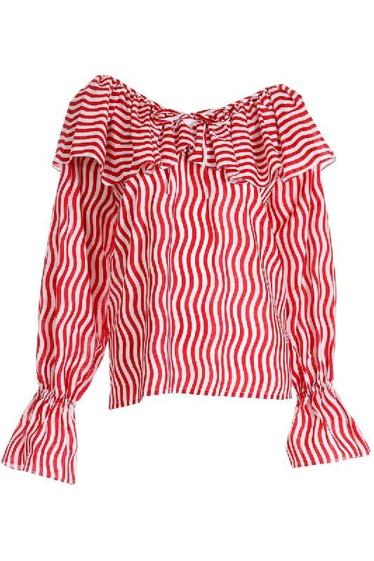 S/S 1980 Yves Saint Laurent Red and White Striped Scoop Neck Ruffle Top