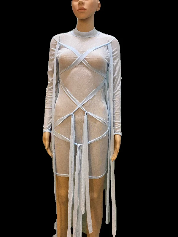 Y2K nightclub sexy  see through long sleeve mini dress women bodycon sexy mesh bandage party dress club wear