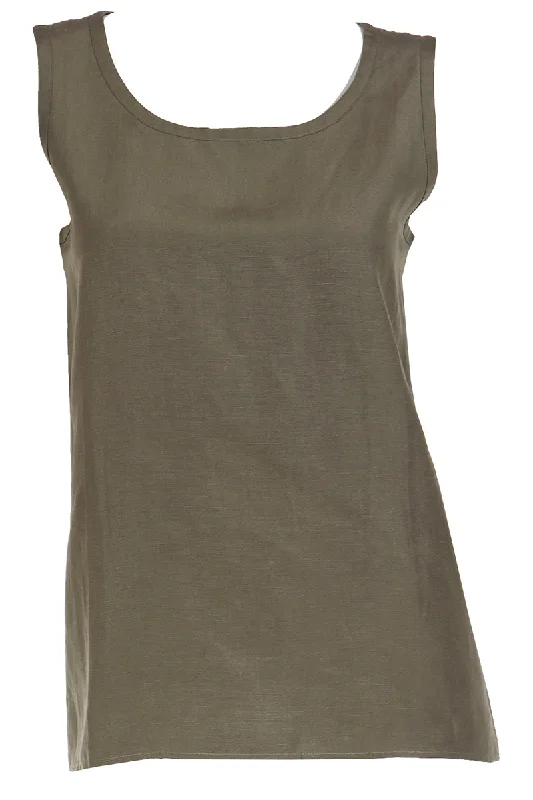 1990s Yves Saint Laurent Vintage Army Green Silk & Linen Sleeveless Top