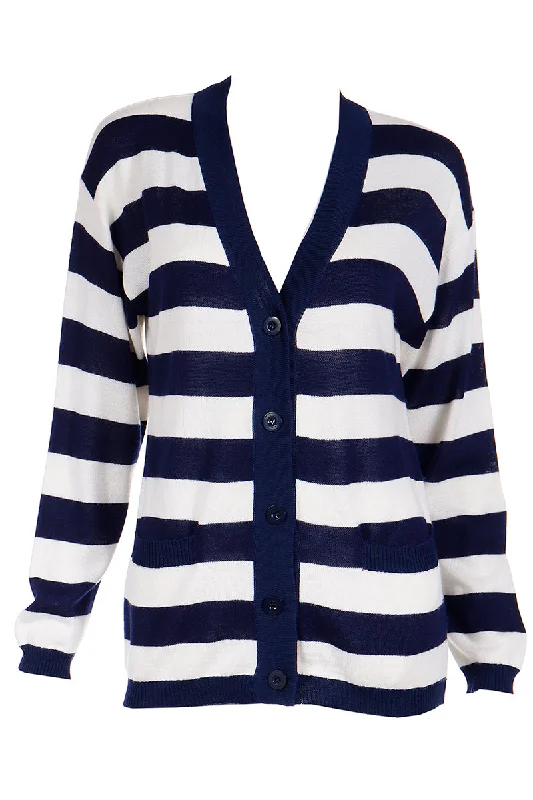 1970s Yves Saint Laurent Blue & White Striped Long Cardigan