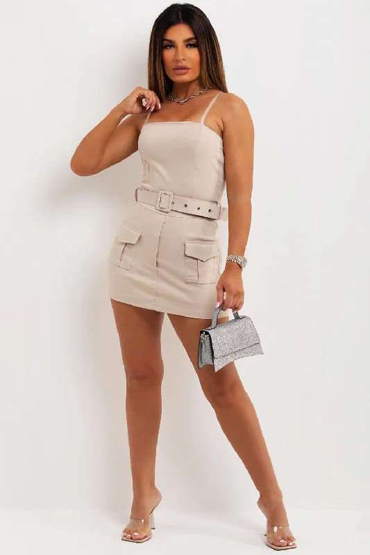 Cargo Playsuit With Belt Beige