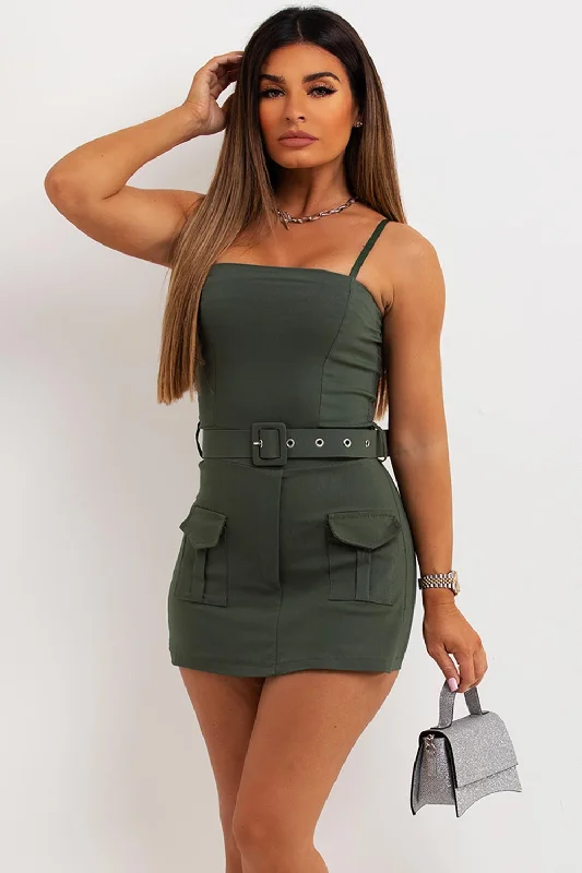 Cargo Playsuit With Belt Khaki