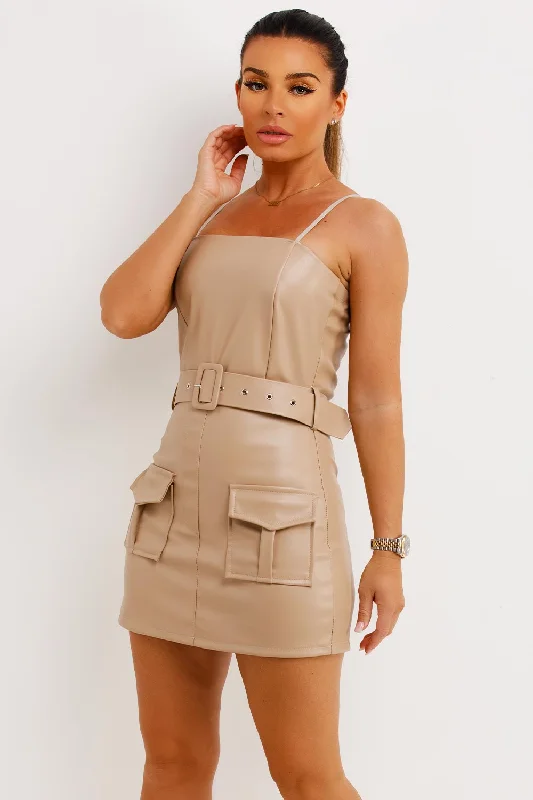 Faux Leather Cargo Playsuit With Belt Beige