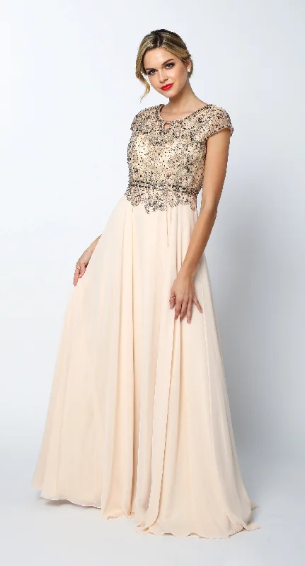 Long Cap Sleeve Chiffon Dress with Beaded Bodice by Juliet 657