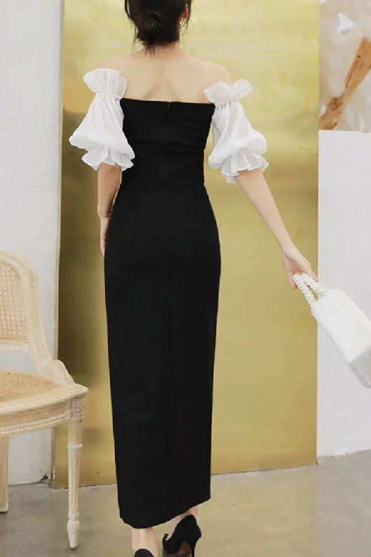 OFF SHOULDER PUFF SLEEVE SLIT SHEATH DRESS