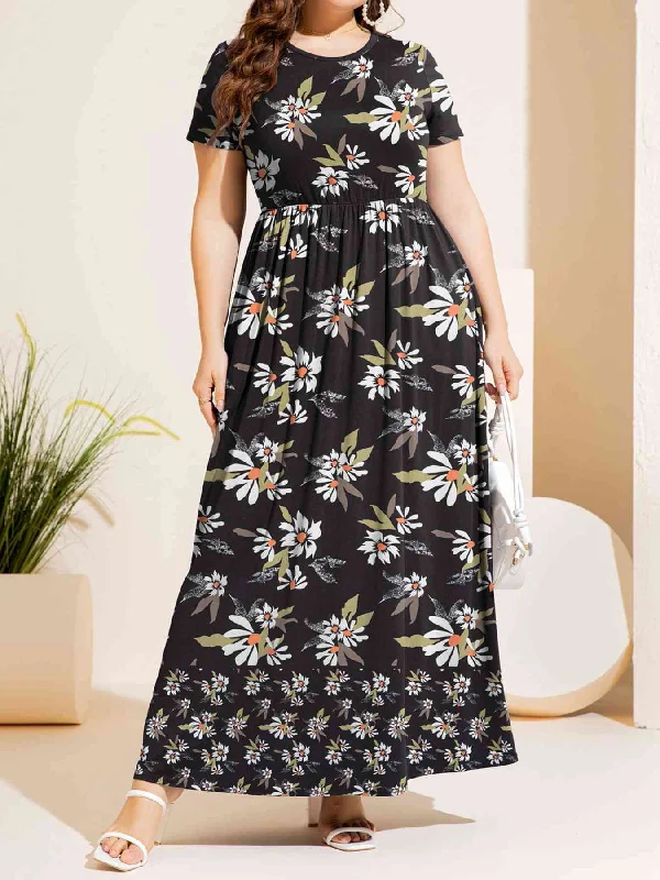 Plus Size Printed Round Neck Short Sleeve Maxi Dress