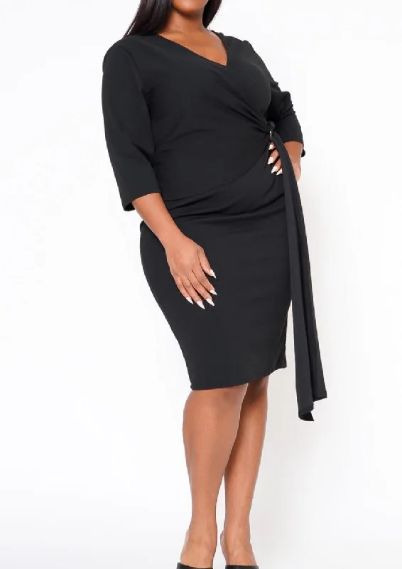 HI Curvy Plus Size Women V Neck Overlay Drape Midi Dress