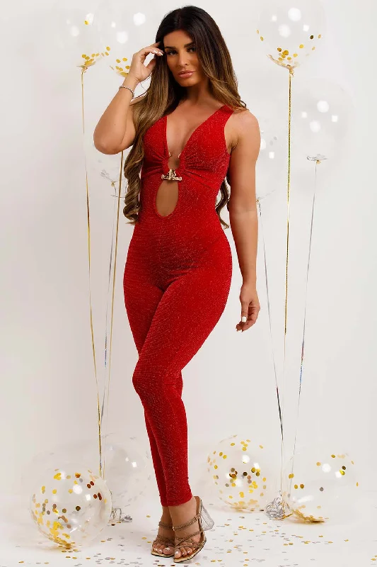 Red Jumpsuit With Gold Buckle In Lurex