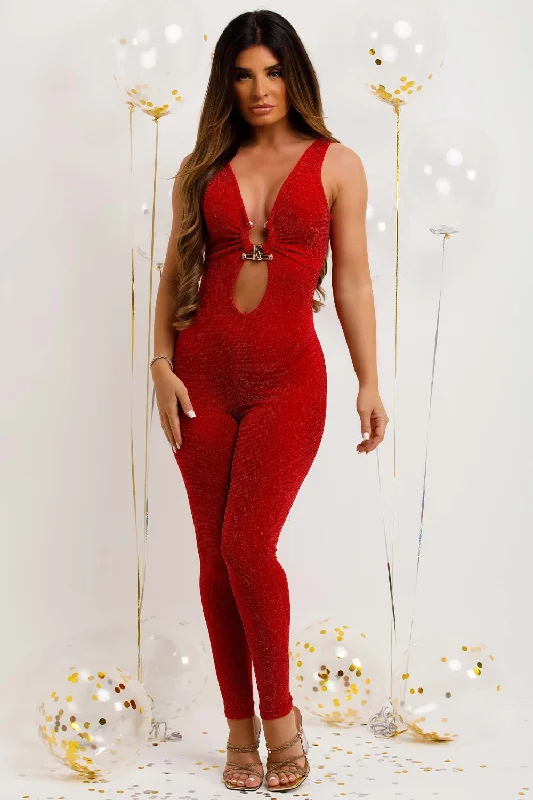 Red Jumpsuit With Gold Buckle In Lurex