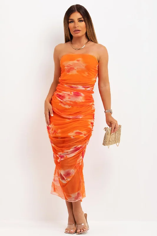 Ruched Mesh Skirt And Bandeau Top Co Ord Orange