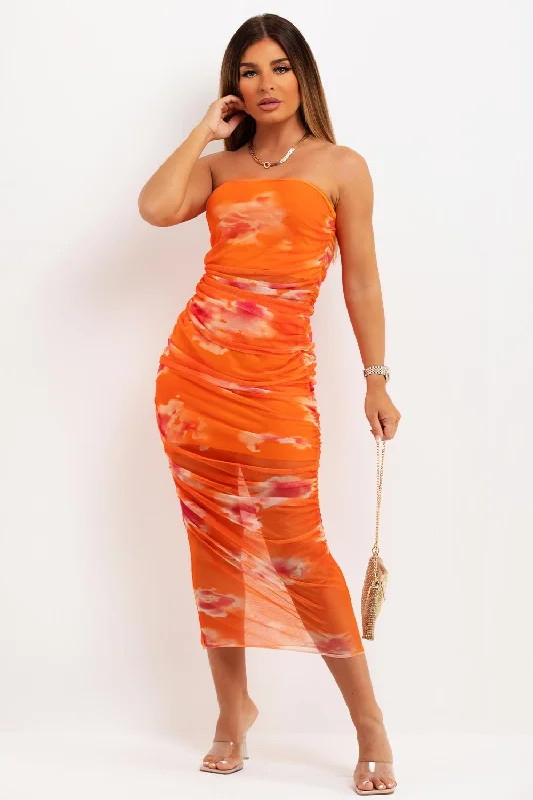 Ruched Mesh Skirt And Bandeau Top Co Ord Orange