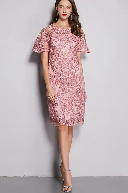 SHORT SLEEVE EMBROIDERED LACE DRESS