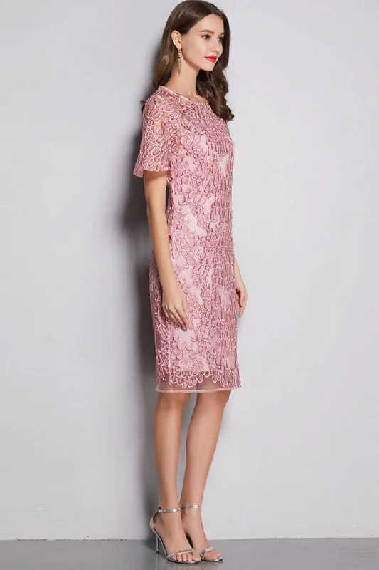 SHORT SLEEVE EMBROIDERED LACE DRESS