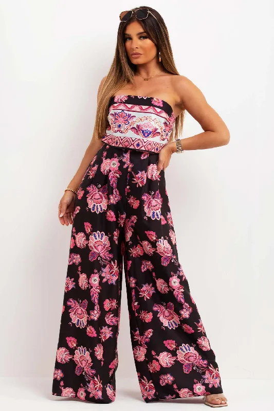 Strapless Floral Satin Wide Leg Jumpsuit Black