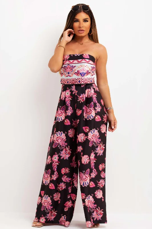 Strapless Floral Satin Wide Leg Jumpsuit Black