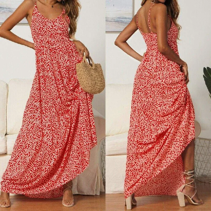 FashionSierra - Summer Women's Bohemian Floral Sling V-neck Dress Fashion Ladies Sleeveless Holiday Maxi Dress Sundress