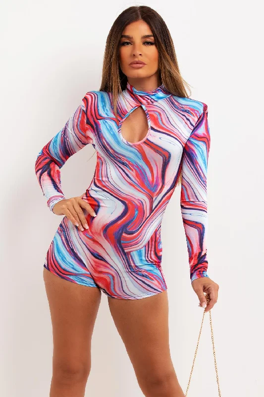 Unitard Playsuit With Long Sleeves Marble Print