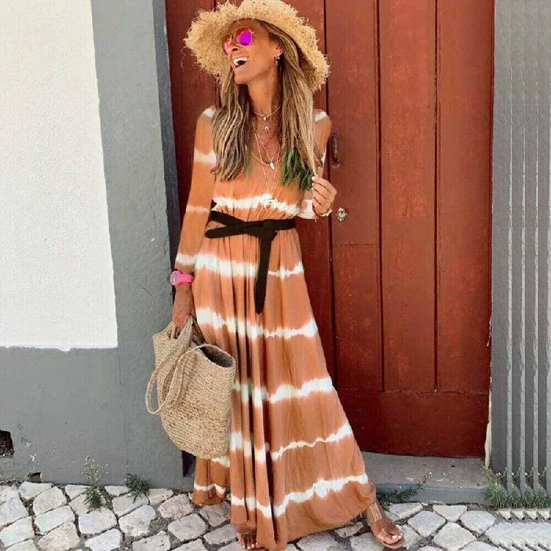 FashionSierra - Women Boho Long Sleeve Striped V Neck Long Maxi Dress 2019 Fashion Ladies Autumn Fall Wrap Dresses Sundress