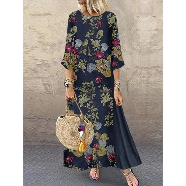 FashionSierra - Women Summer Boho Floral O Neck Long Sleeve Maxi Dress Ladies Casual Loose Dress Oversized Kaftan Beach Sundress