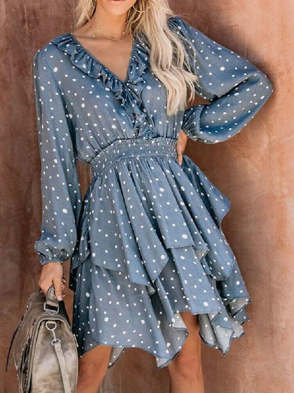 FashionSierra - Women Summer Polka Dot Long Sleeve V-Neck Maxi Dress Fashion Boho Holiday Beach Pierced Ruffled Asymmetrical Dress Sundress