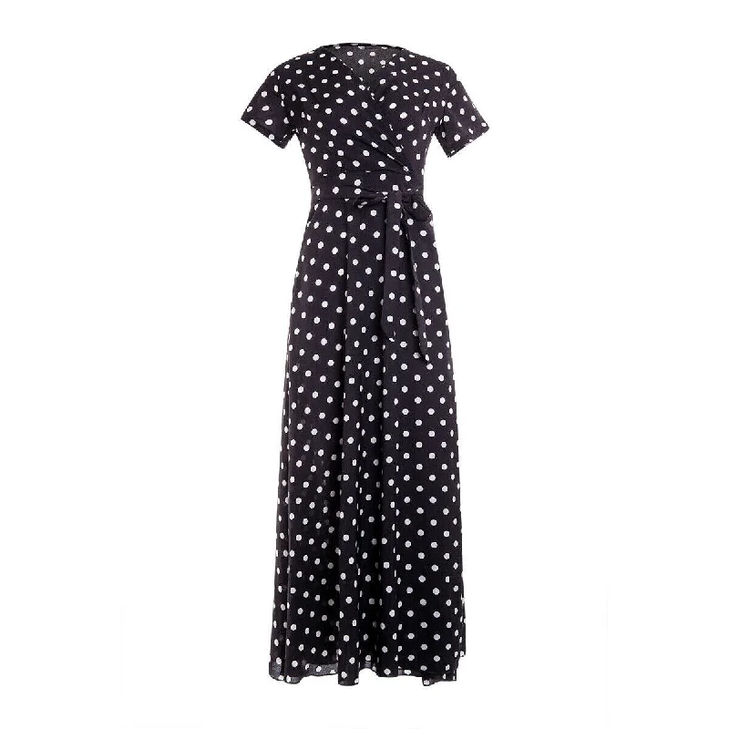 FashionSierra - Women Wrap Summer Boho Polka Dot Maxi Dress Casual Ladies Short Sleeve V Neck Holiday Beach Long Sundress Plus Size