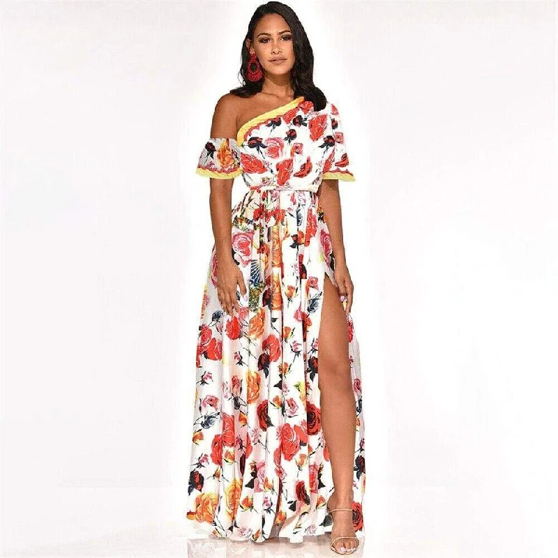 FashionSierra - Women's Boho Maxi Dress Fashion Ladies Casual One Shoulder Floral Holiday Summer Beach Evening Party Long Sundress