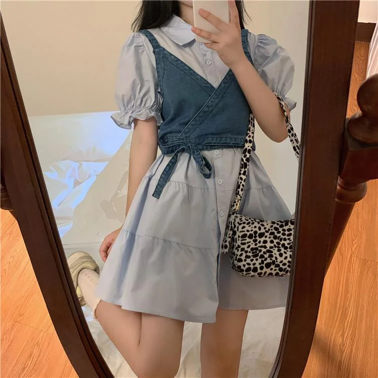 Women's Kawaii Single-breasted Flare Sleeved Shirt Dresses