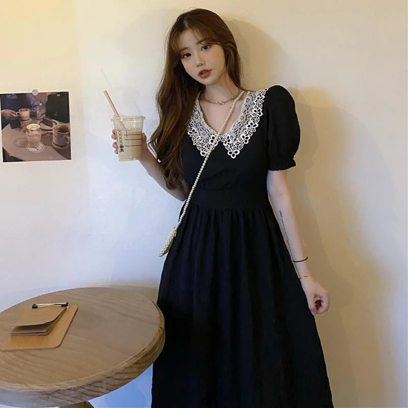 Women's Lace Peter Pan Collar Long Black Dresses