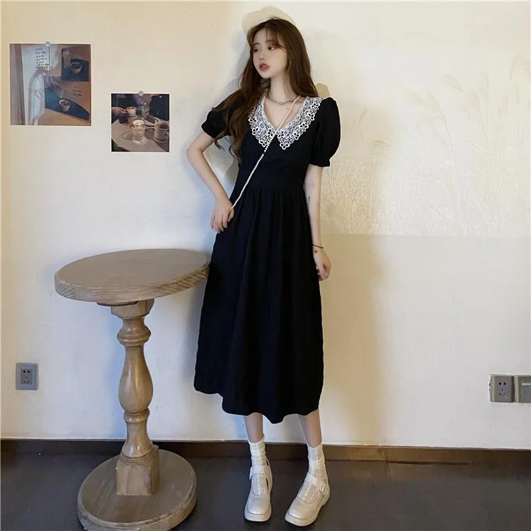 Women's Lace Peter Pan Collar Long Black Dresses