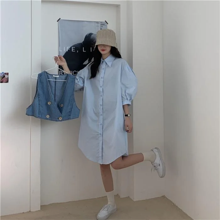 Women's Sweet Flare Sleeved Loose Shirt Dresses