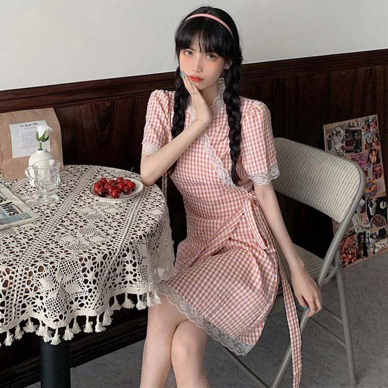 Women's Sweet Lace Ruffles Drawstring Cheong-sam Dresses