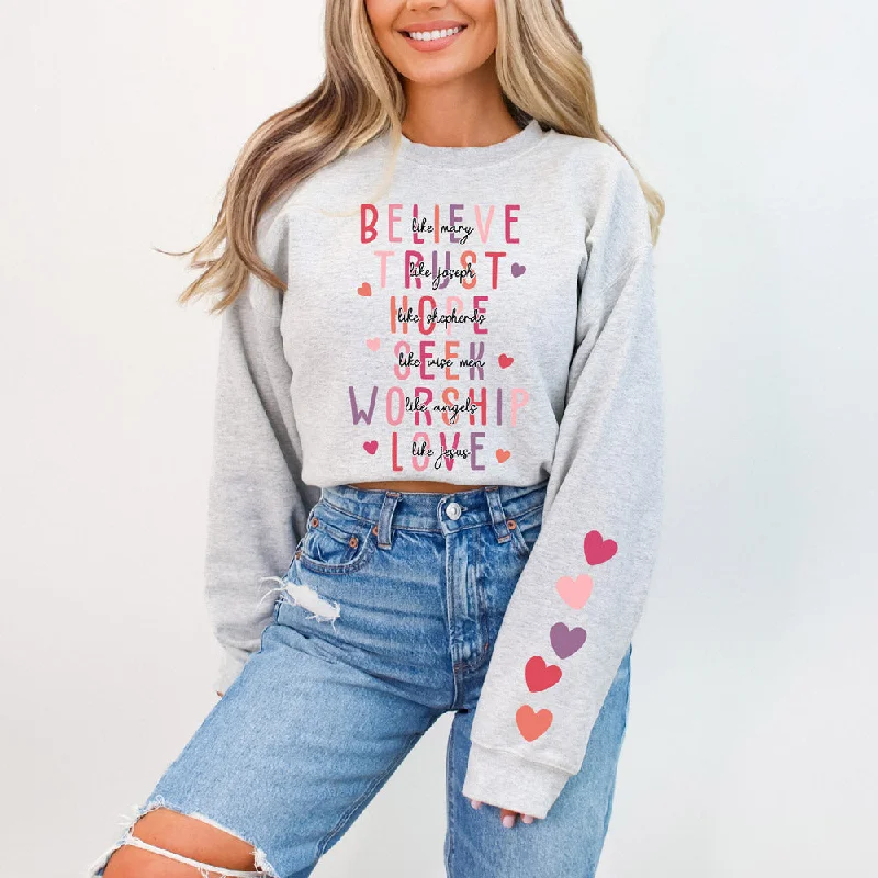 Believe Like Mary Trust Like Joseph- With  Sleeve Accent Sweatshirt