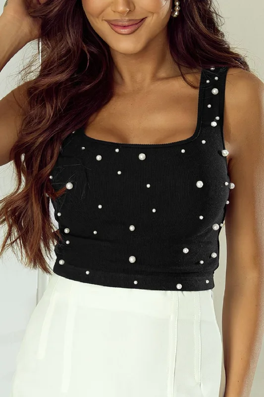 Hot Girl Basic Bae Pearl Detail Square Neck Tank In Black Short Sleeve Top