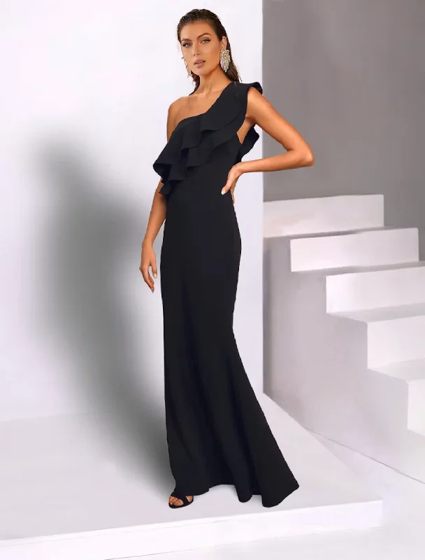 Mermaid / Trumpet Wedding Guest Dresses Black Dress Wedding Party Floor Length Sleeveless One Shoulder Chiffon with Ruffles Empire Waist Dress