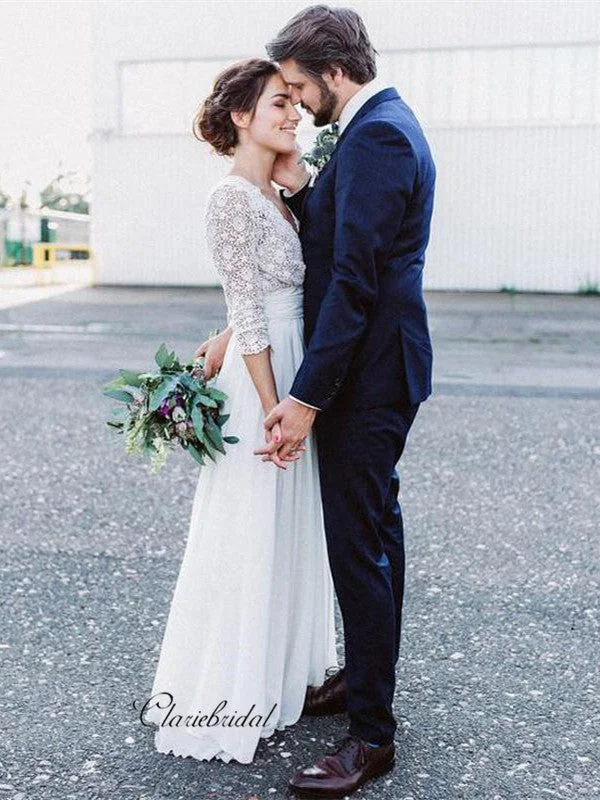 V-neck Lace Mid Sleeves Wedding Dresses, Popular Lace Wedding Dresses Satin Lace Gown