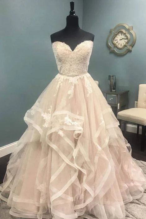 sweetheart A-line ivory long wedding prom dress, PD4491 Soft Lace Gown