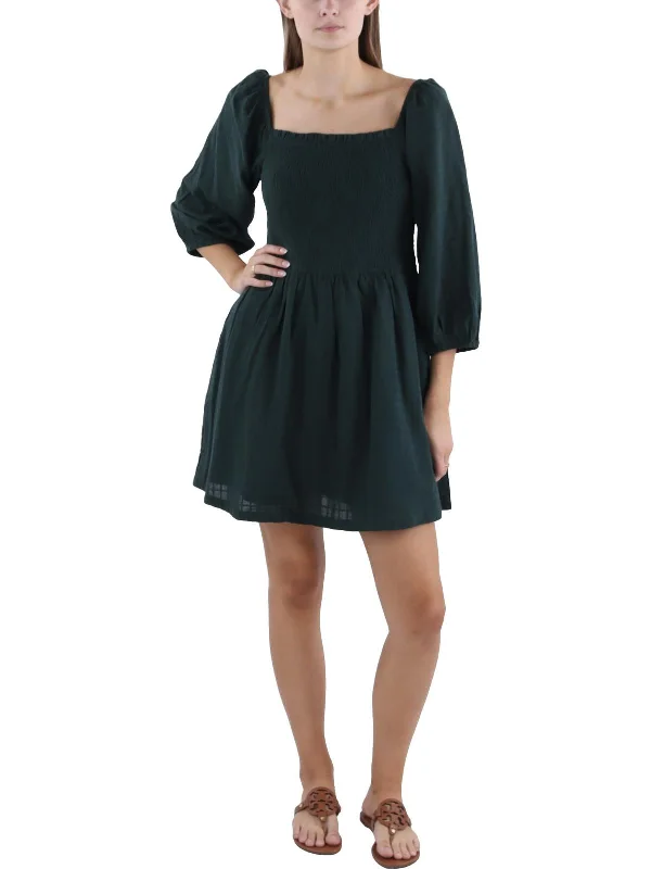 Womens Cotton Above Knee Mini Dress--Printed Denim Skirt